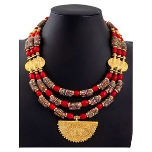 Red mille fiori necklace with half circle sunburst necklace with screw clasp.
